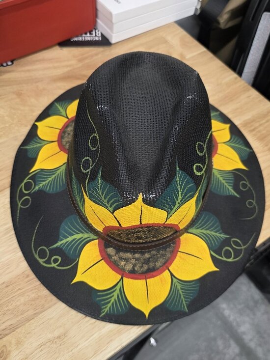 Sunflower Artisan Hat Hand Painted Fedora Floral Bohemian Black Straw SIZE M main image 9